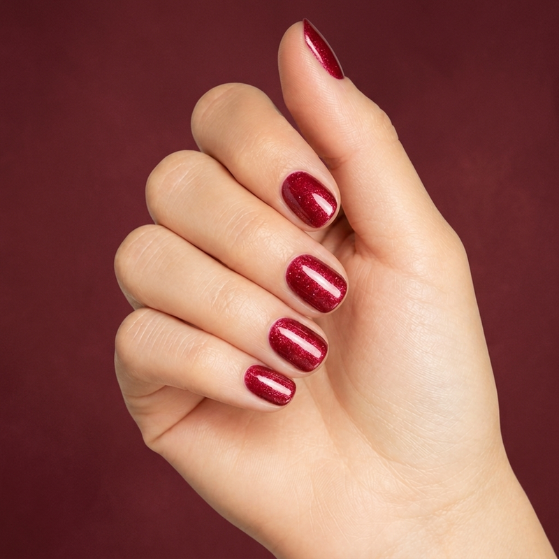 Mano con las uñas pintadas con esmalte en gel Gelish Best Dressed, color Rojos acabado Shimmer