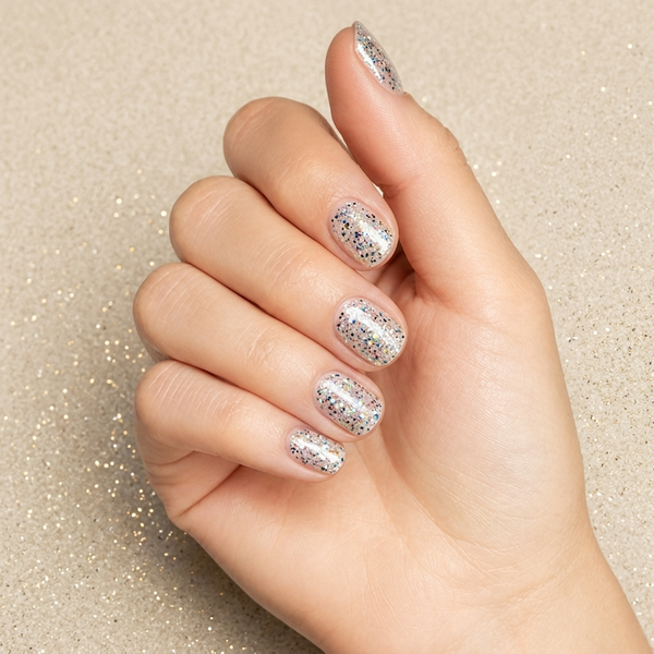 Mano con las uñas pintadas con esmalte en gel Gelish Fame Game, color Blancos acabado Glitter