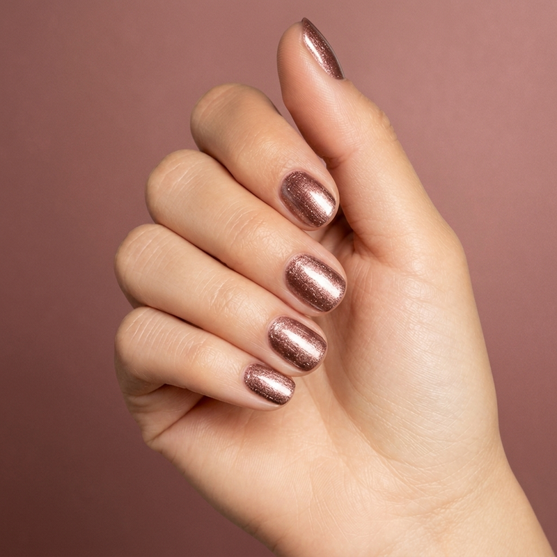 Mano con las uñas pintadas con esmalte en gel Gelish No Way Rose, color Nudes acabado Shimmer