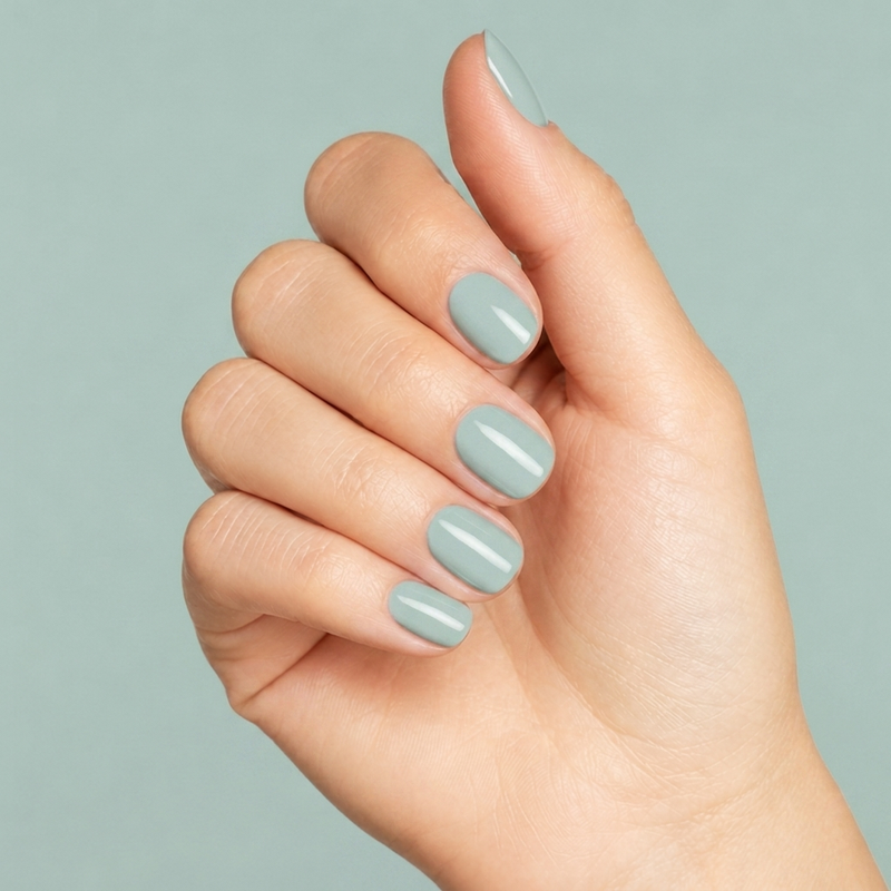 Mano con las uñas pintadas con esmalte en gel Gelish Mint Chocolate Chip, color Verdes acabado Cream