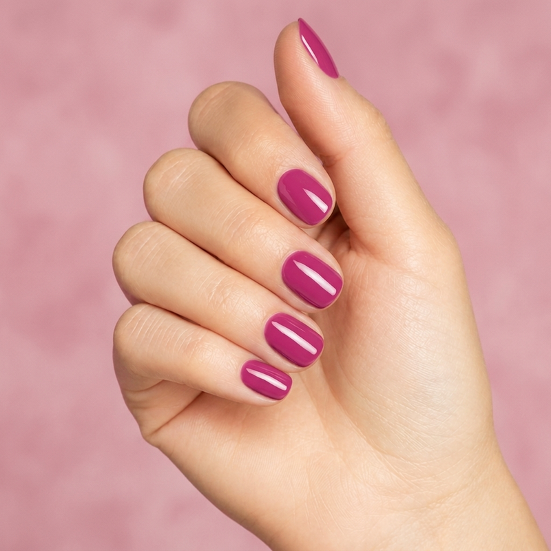 Mano con las uñas pintadas con esmalte en gel Gelish Amour Color Please, color Rosas acabado Cream