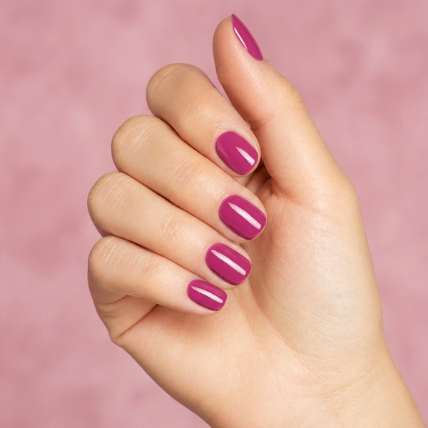 Mano con las uñas pintadas con esmalte en gel Gelish Amour Color Please, color Rosas acabado Cream