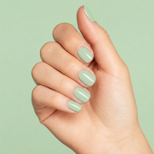 Mano con las uñas pintadas con esmalte en gel Gelish Do You Harajuku?, color Verdes acabado Cream