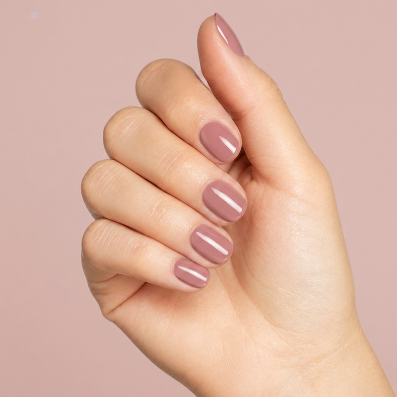 Mano con las uñas pintadas con esmalte en gel Gelish Manga-Round With Me, color Mauves acabado Cream