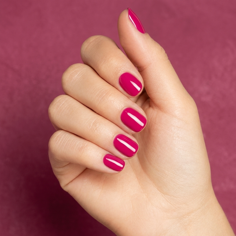 Mano con las uñas pintadas con esmalte en gel Gelish Don't Pansy Around, color Rosas acabado Cream