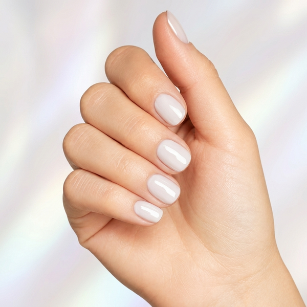 Mano con las uñas pintadas con esmalte en gel Gelish Magic Within, color Blancos acabado Cream