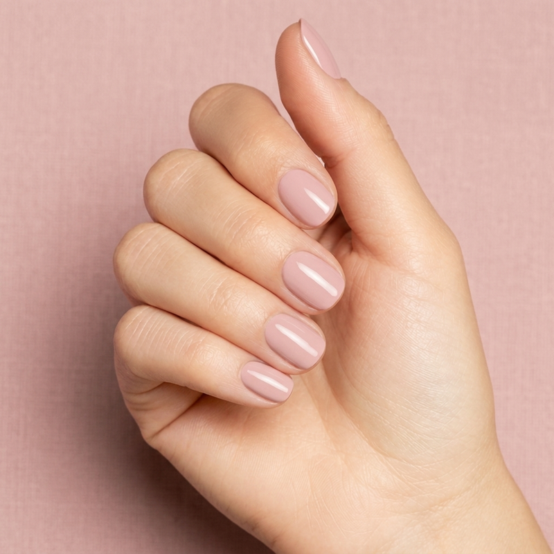 Mano con las uñas pintadas con esmalte en gel Gelish Call My Blush, color Rosas acabado Cream