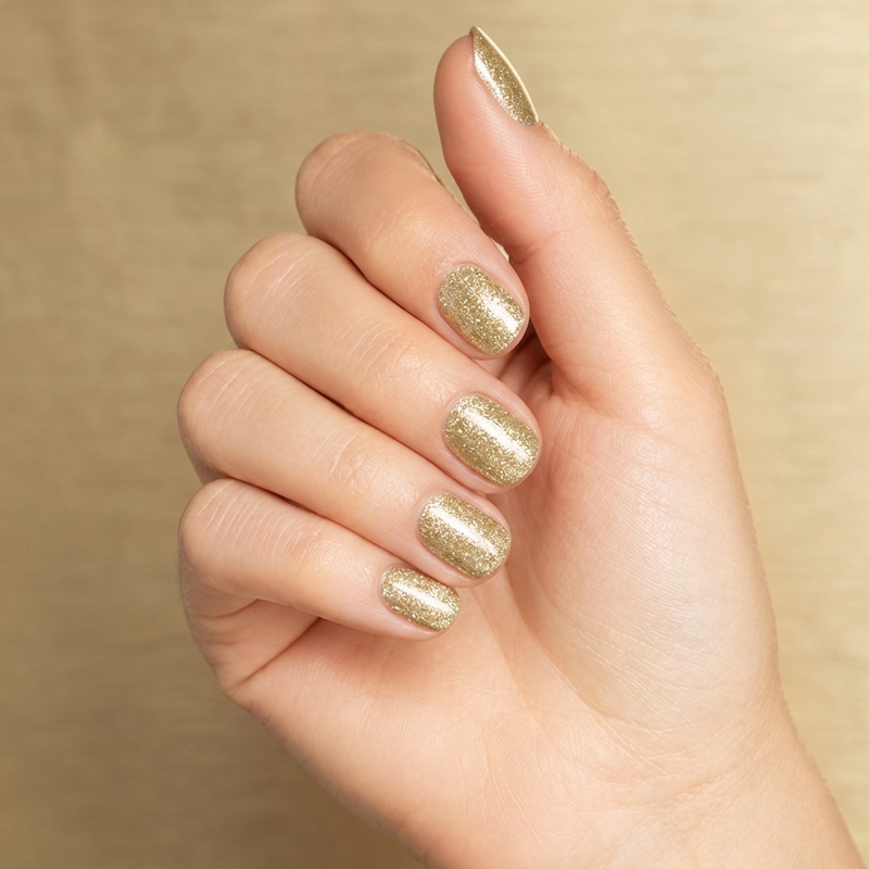 Mano con las uñas pintadas con esmalte en gel Gelish Star Quality, color Amarillos acabado Glitter