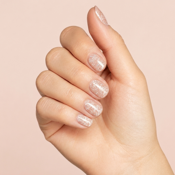 Mano con las uñas pintadas con esmalte en gel Gelish Bright Up My Alley, color Naranjas acabado Glitter