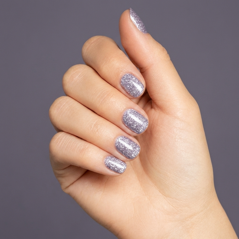 Mano con las uñas pintadas con esmalte en gel Gelish Time To Sparkle, color Blancos acabado Glitter