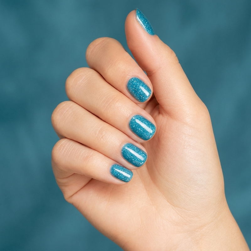 Mano con las uñas pintadas con esmalte en gel Gelish I'll Shine For You, color Azules acabado Shimmer