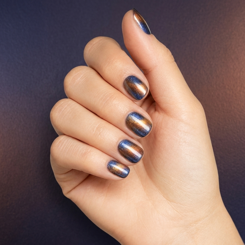 Mano con las uñas pintadas con esmalte en gel Gelish Aurora - Space Dust, color Azules acabado Cat Eye