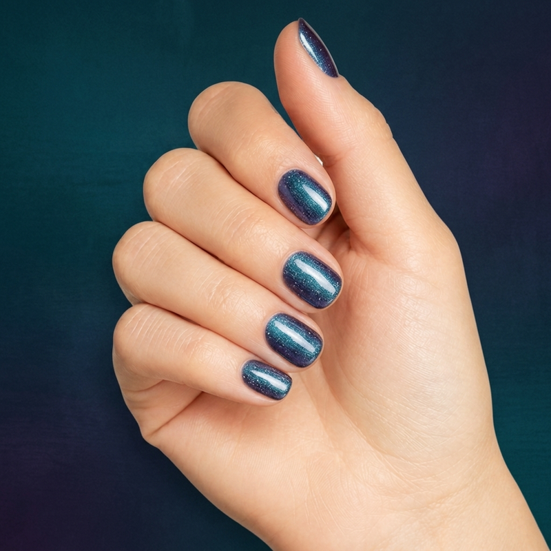 Mano con las uñas pintadas con esmalte en gel Gelish Aurora - Come Sky With Me, color Azules acabado Cat Eye