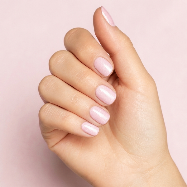 Mano con las uñas pintadas con esmalte en gel Gelish Ambience, color Rosas acabado Shimmer