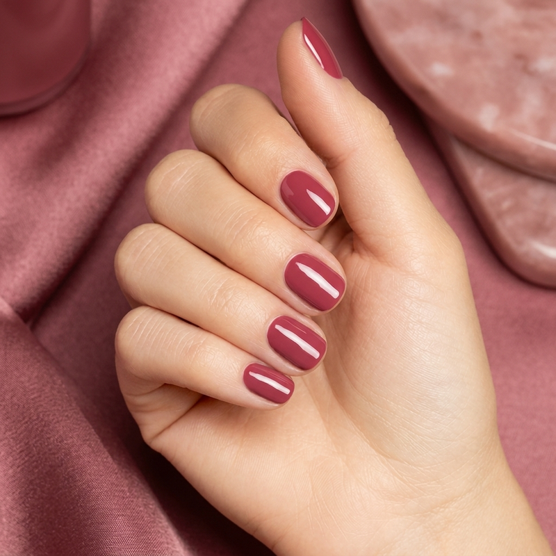 Mano con las uñas pintadas con esmalte en gel Gelish Exhale, color Mauves acabado Cream