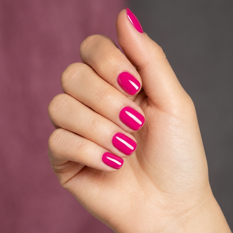Mano con las uñas pintadas con esmalte en gel Gelish Gossip Girl, color Rosas acabado Cream