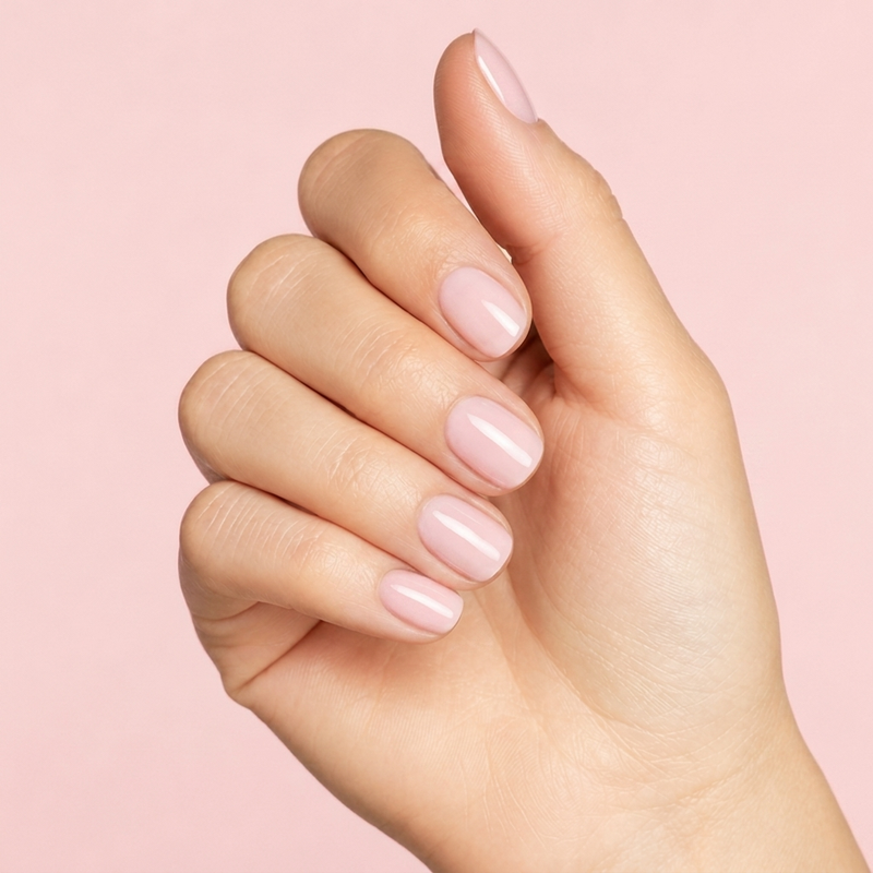 Mano con las uñas pintadas con esmalte en gel Gelish Taffeta, color Rosas acabado Cream
