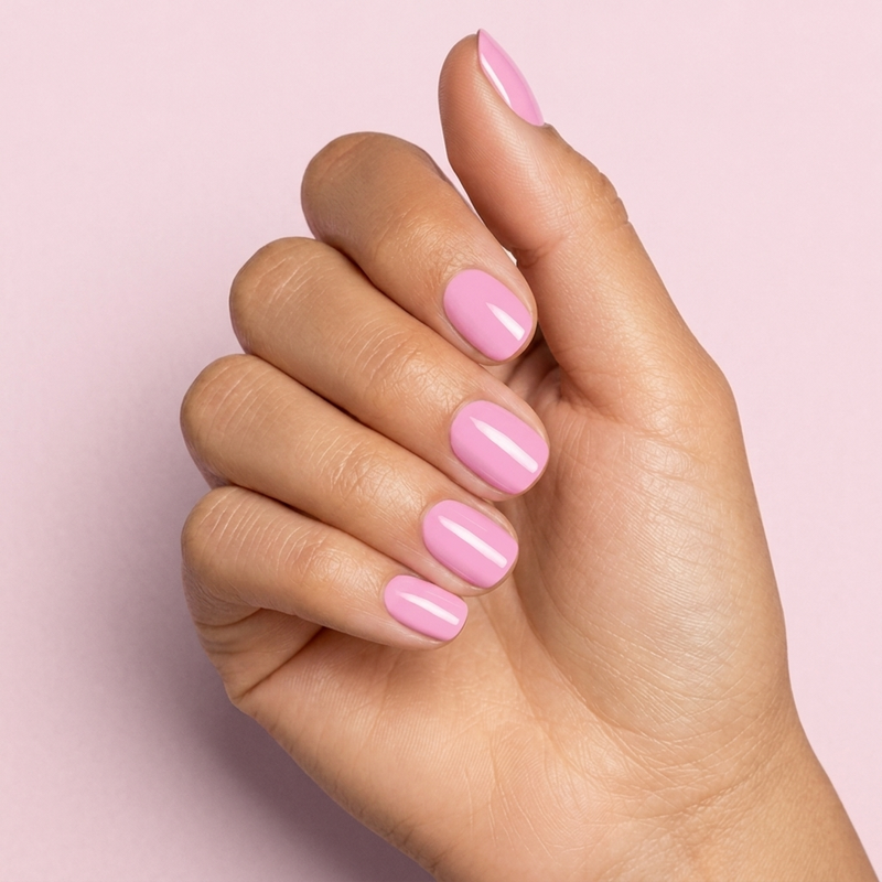 Mano con las uñas pintadas con esmalte en gel Gelish Go Girl, color Rosas acabado Cream