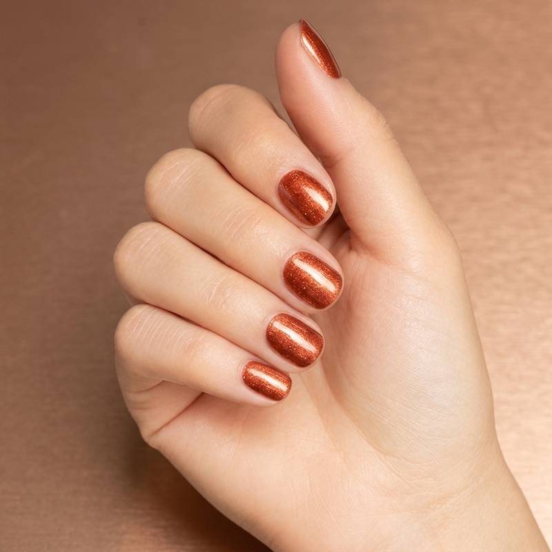 Mano con las uñas pintadas con esmalte en gel Gelish Sunrise And The City, color Naranjas acabado Shimmer