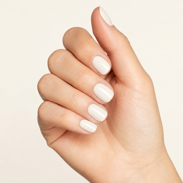 Mano con las uñas pintadas con esmalte en gel Gelish Arctic Freeze, color Blancos acabado Cream