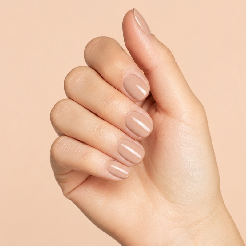 Mano con las uñas pintadas con esmalte en gel Gelish Taupe Model, color Nudes acabado Cream