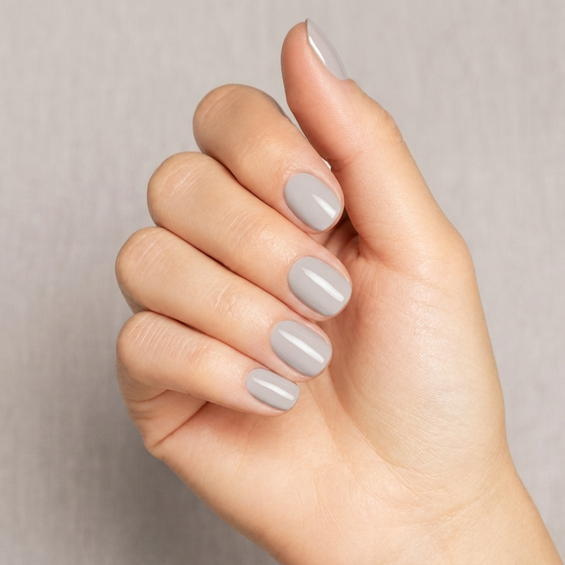 Mano con las uñas pintadas con esmalte en gel Gelish Cashmere Kind Of Gal, color Mauves acabado Cream