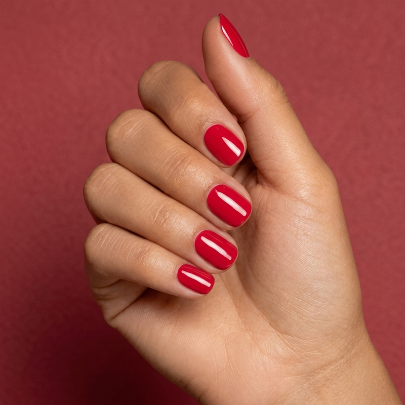 Mano con las uñas pintadas con esmalte en gel Gelish Shake It Till You Samba, color Rojos acabado Cream