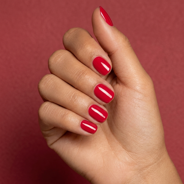 Mano con las uñas pintadas con esmalte en gel Gelish Shake It Till You Samba, color Rojos acabado Cream