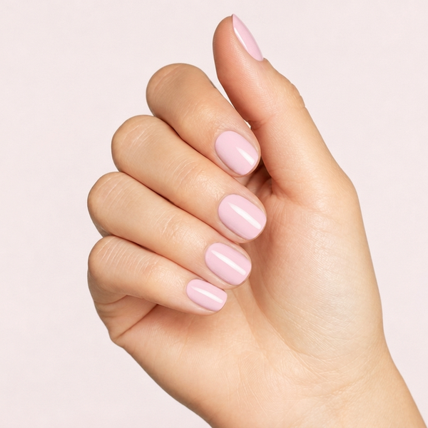Mano con las uñas pintadas con esmalte en gel Gelish You're So Sweet You're Giving Me a Toothache, color Rosas acabado Cream