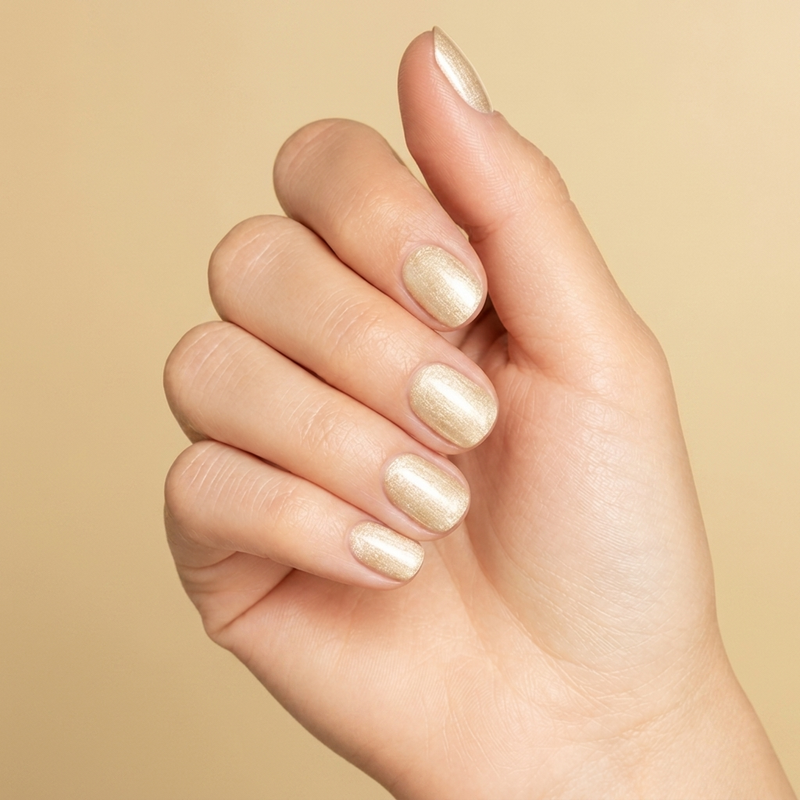 Mano con las uñas pintadas con esmalte en gel Gelish Izzy Wizzy Let's Get Busy, color Amarillos acabado Shimmer