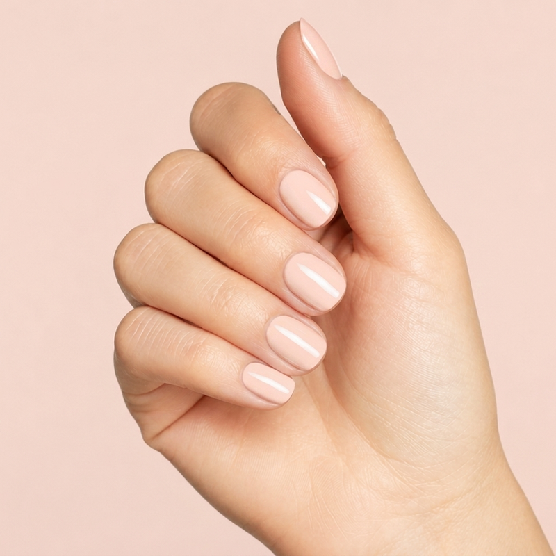 Mano con las uñas pintadas con esmalte tradicional Morgan Taylor Barely Buff, color Nudes acabado Cream