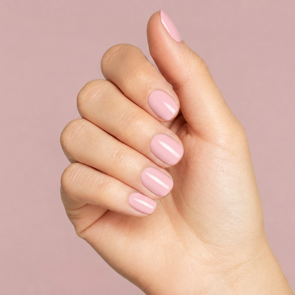 Mano con las uñas pintadas con esmalte tradicional Morgan Taylor Call My Blush, color Rosas acabado Cream