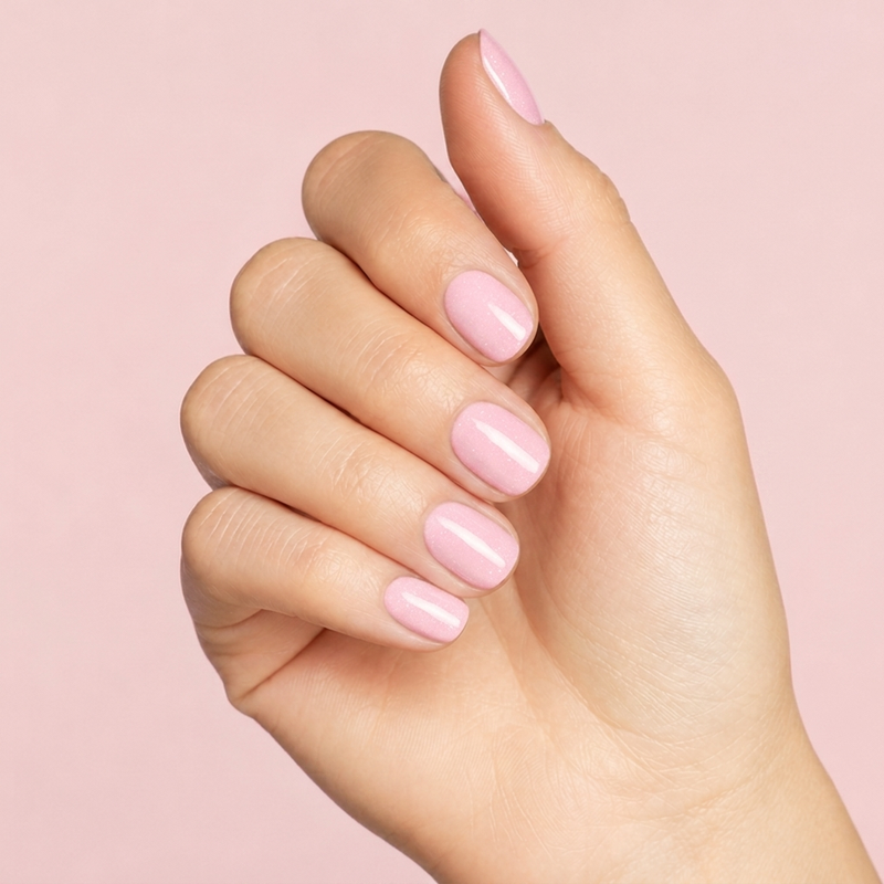 Mano con las uñas pintadas con esmalte tradicional Morgan Taylor Ambience, color Rosas acabado Shimmer