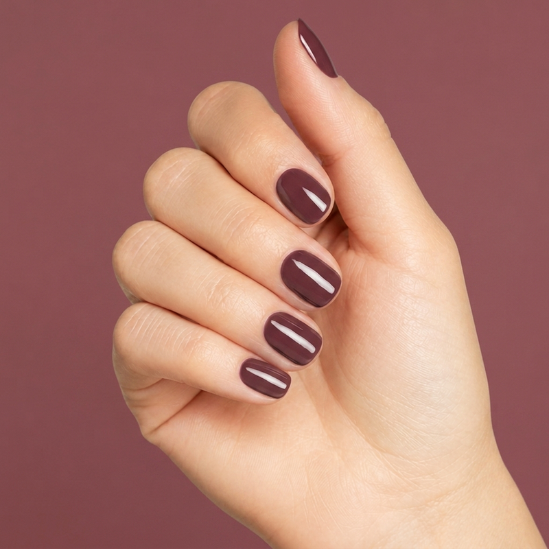 Mano con las uñas pintadas con esmalte tradicional Morgan Taylor Exhale, color Mauves acabado Cream