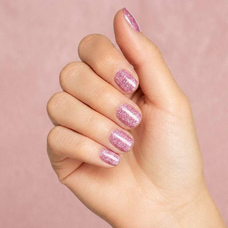 Mano con las uñas pintadas con esmalte tradicional Morgan Taylor June Bride, color Rosas acabado Glitter