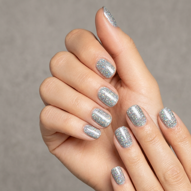 Mano con las uñas pintadas con esmalte tradicional Morgan Taylor Water Field, color Blancos acabado Glitter
