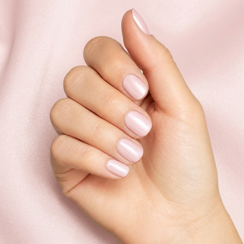 Mano con las uñas pintadas con esmalte tradicional Morgan Taylor Taffeta, color Rosas acabado Cream