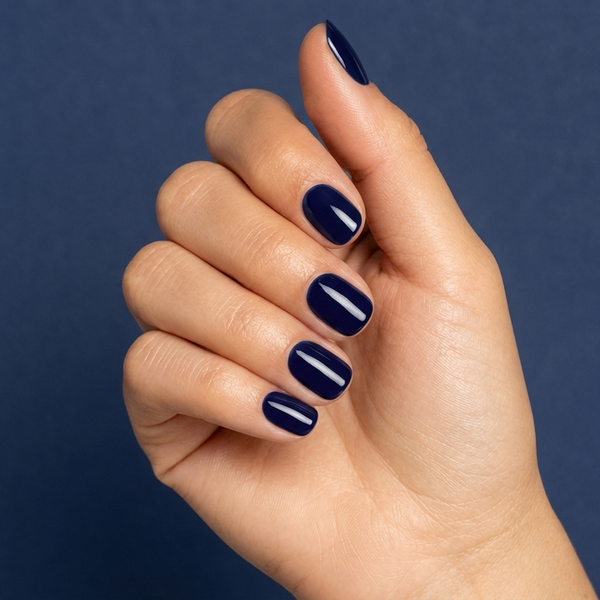 Mano con las uñas pintadas con esmalte tradicional Morgan Taylor After Dark, color Azules acabado Cream