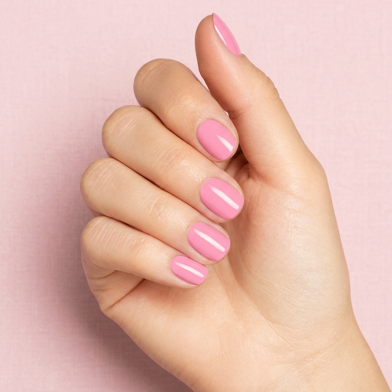 Mano con las uñas pintadas con esmalte tradicional Morgan Taylor Make You Blink Pink, color Rosas acabado Cream