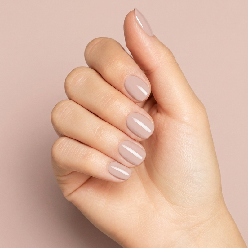 Mano con las uñas pintadas con esmalte tradicional Morgan Taylor Do I Look Buff?, color Nudes acabado Cream