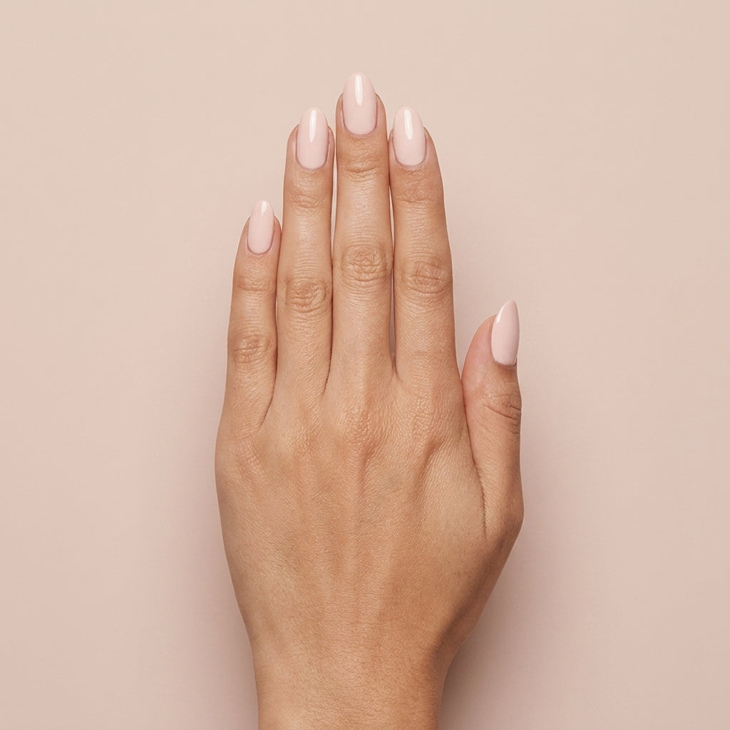 Mano con las uñas pintadas con esmalte tradicional Morgan Taylor Simply Irresistible, color Nudes acabado Cream