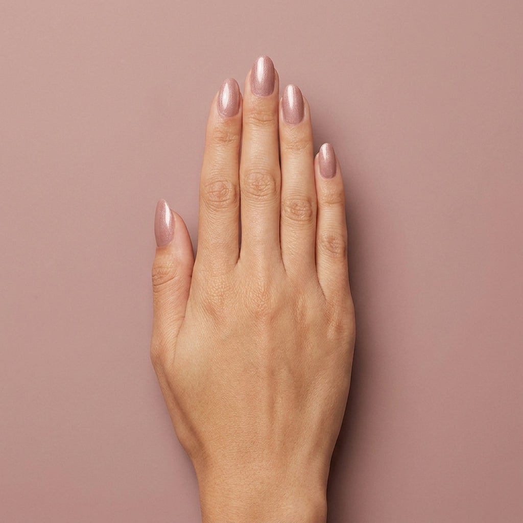 Mano con las uñas pintadas con esmalte tradicional Morgan Taylor No Way Rose, color Nudes acabado Shimmer