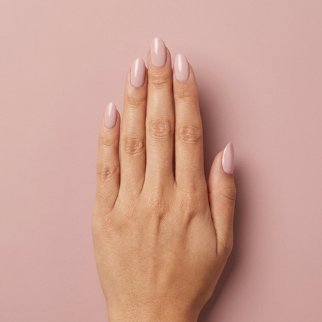 Mano con las uñas pintadas con esmalte tradicional Morgan Taylor Prim-Rose And Proper, color Rosas acabado Cream