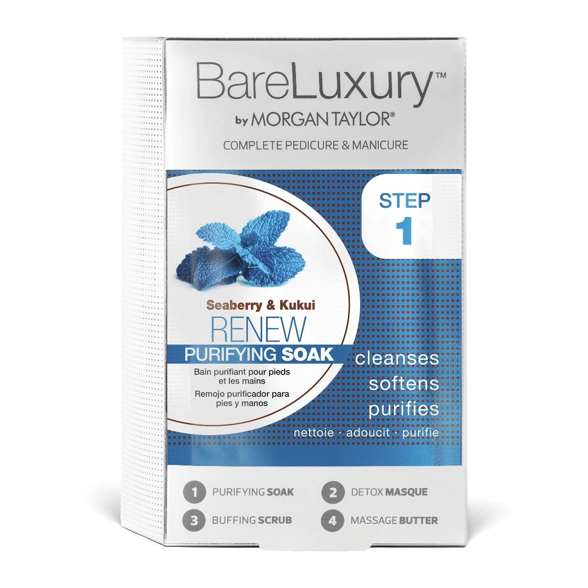 Caja oficial BareLuxury by Morgan Taylor Renew Seaberry & Kukui 4PK, pedicura y manicura completa en 4 pasos