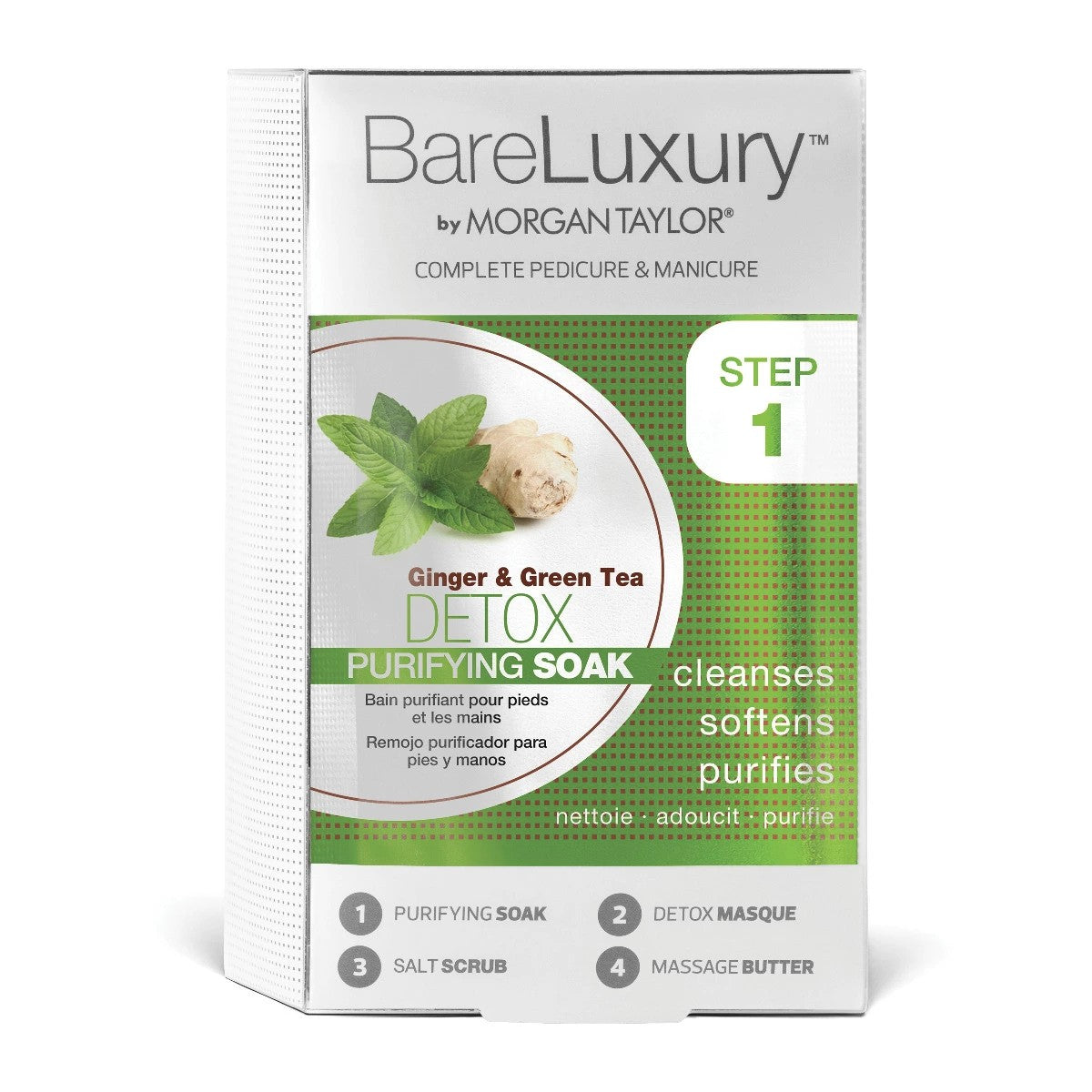 Caja oficial BareLuxury by Morgan Taylor Detox Ginger & Green Tea 4PK, pedicura y manicura completa en 4 pasos