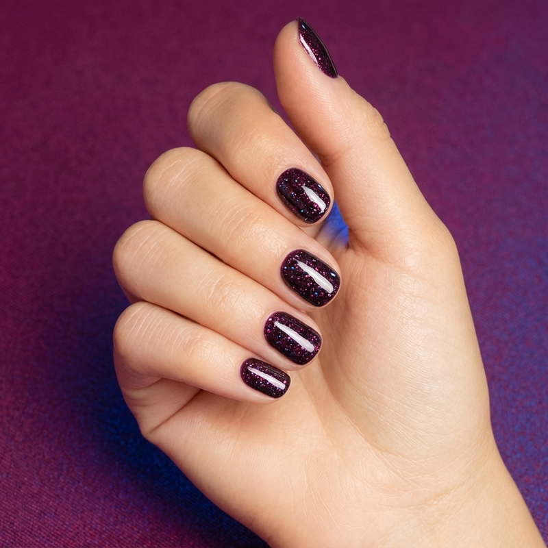 Mano con las uñas pintadas con esmalte en gel Gelish Seal The Deal, color Morados acabado Glitter