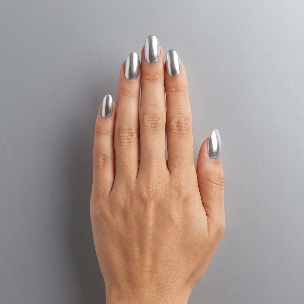 Mano con las uñas pintadas con esmalte en gel Gelish Chain Reaction, color Blancos acabado Shimmer