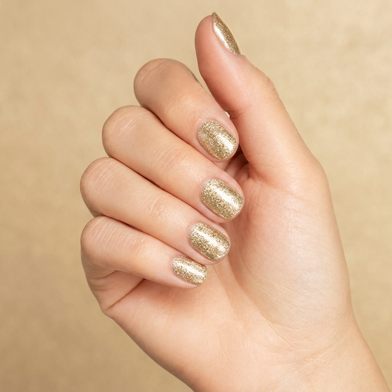 Mano con las uñas pintadas con esmalte en gel Gelish Give Me Gold, color Nudes acabado Glitter
