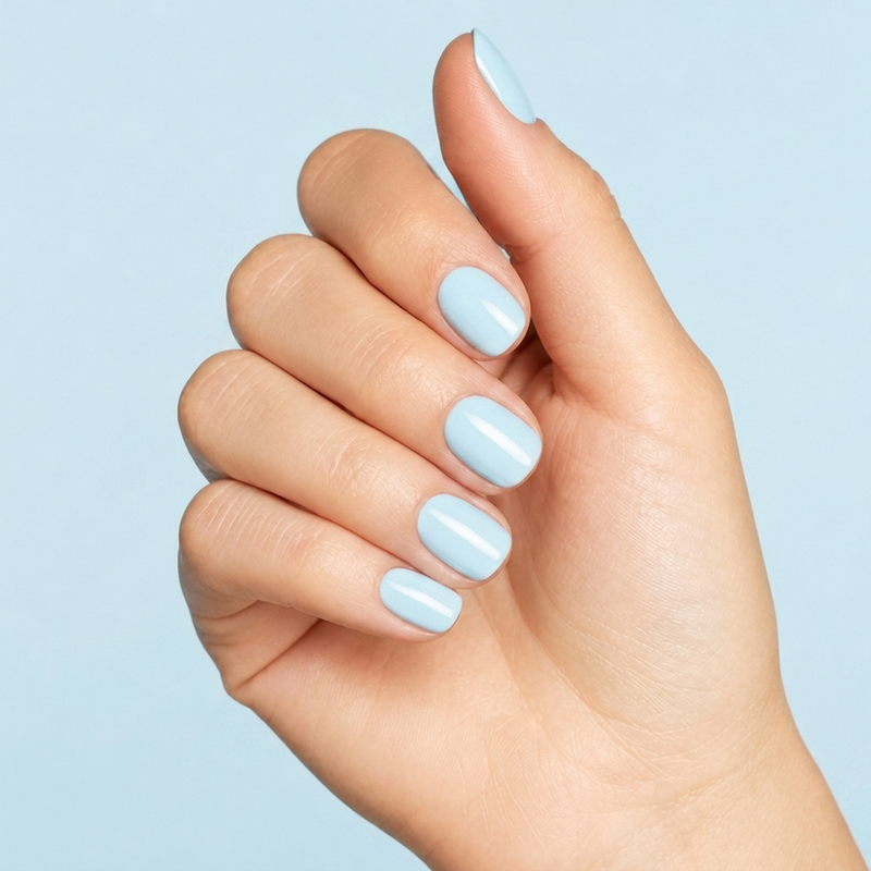 Mano con las uñas pintadas con esmalte en gel Gelish Water Baby, color Azules acabado Cream