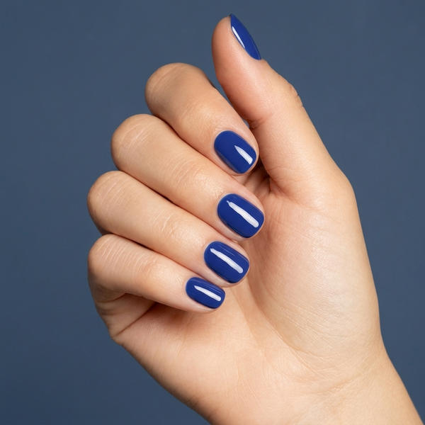 Mano con las uñas pintadas con esmalte en gel Gelish Making Waves, color Azules acabado Cream